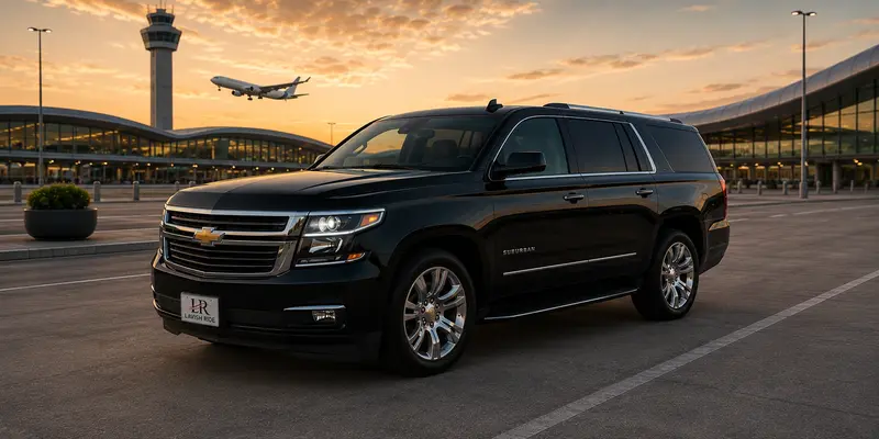 Black Chevrolet Suburban parked outside a modern airport terminal at sunset with an air traffic control tower, passenger jet, and the official Lavish Ride logo displayed on the front license plate.